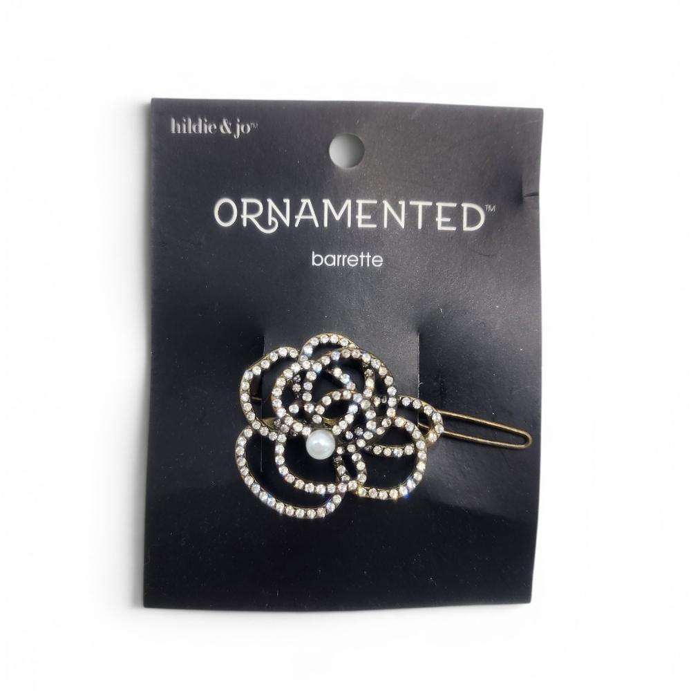 Hildie & Jo Pewter Rhinestone Pearl Flower Barrette New on Card